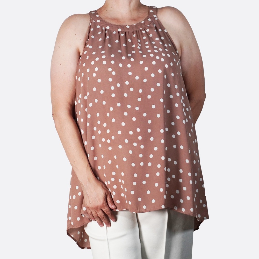 Torrid High Low Trapeze Halter Top Pecan Brown Polka Dot Blouse Retro